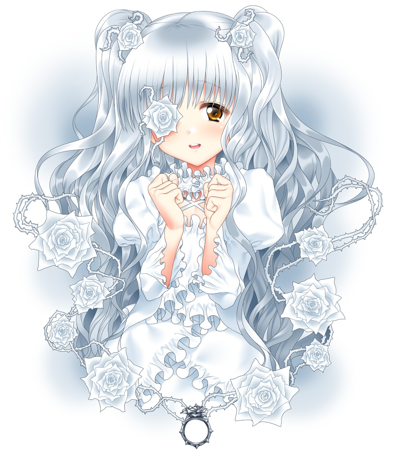 1girl auto_tagged black_rose commentary_request cross dress eyepatch flower frills hair_ornament highres image kirakishou long_hair rose rozen_maiden silver_hair solo suzume_inui thorns twintails vines white_dress white_flower white_rose yellow_eyes