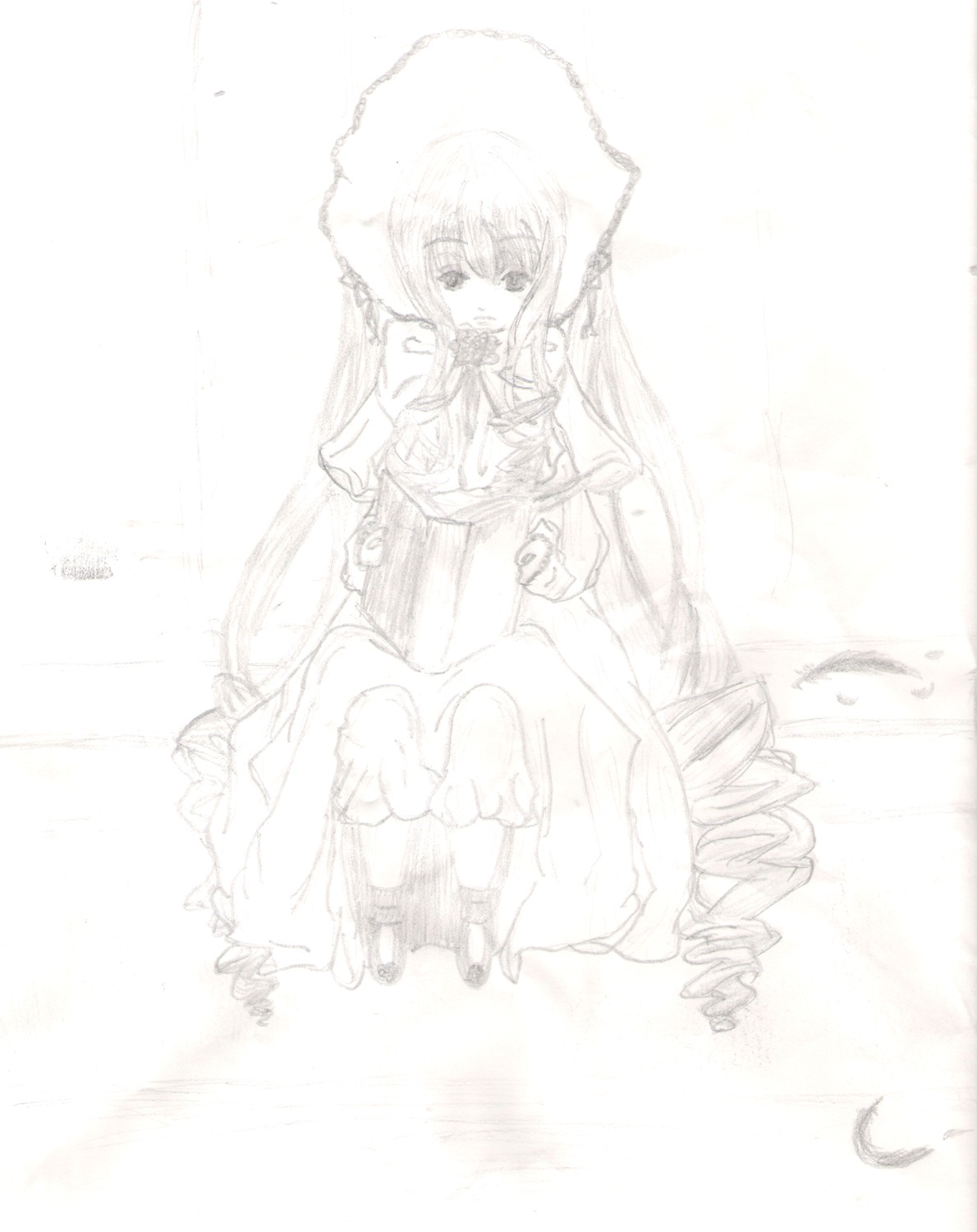 1girl bird bonnet dress drill_hair feathers full_body image long_hair long_sleeves looking_at_viewer monochrome shinku sitting smile solo very_long_hair