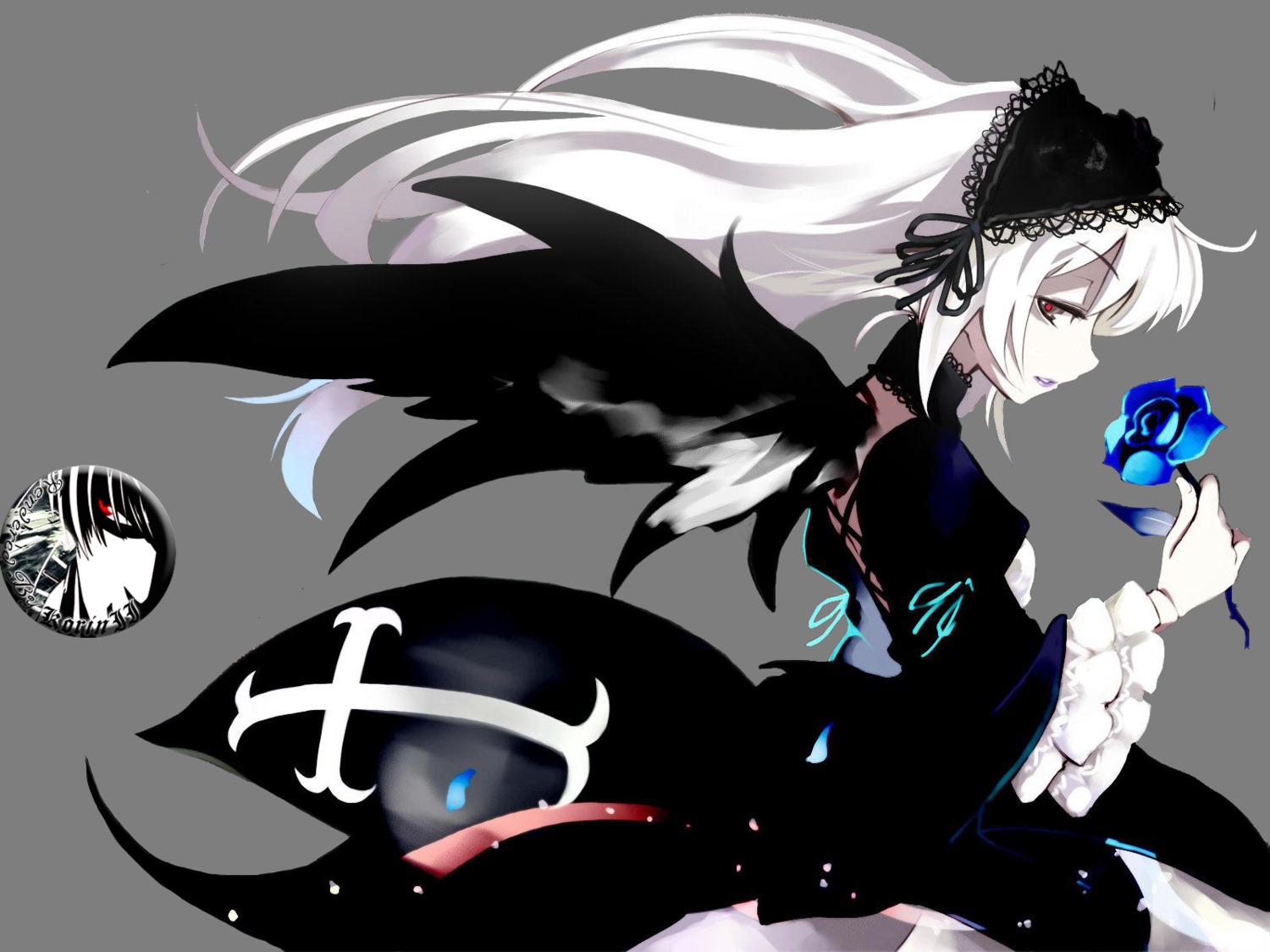 1girl black_dress black_wings dress feathers flower frills hairband holding_flower image juliet_sleeves lolita_hairband long_hair long_sleeves profile red_eyes ribbon rose silver_hair solo suigintou white_background wings