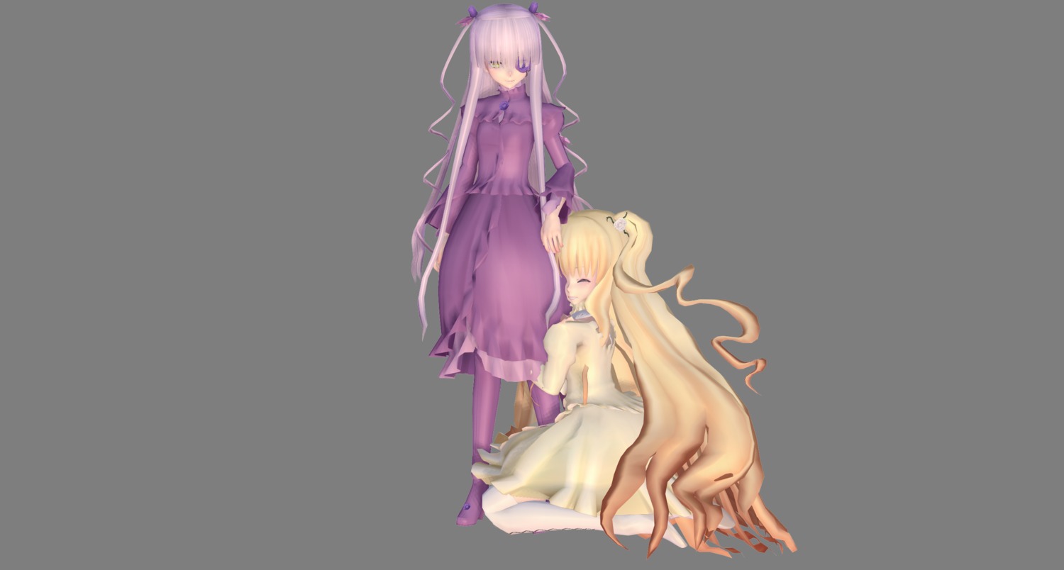 2girls barasuishou blonde_hair closed_eyes double_bun dress hair_ornament image kirakishou long_hair multiple_girls pair purple_dress purple_eyes sitting striped very_long_hair white_background