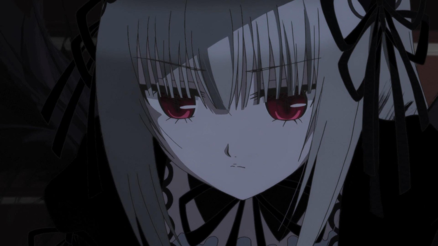 1girl bangs black_ribbon closed_mouth dress expressionless hair_ribbon image long_hair looking_at_viewer red_eyes ribbon solo suigintou