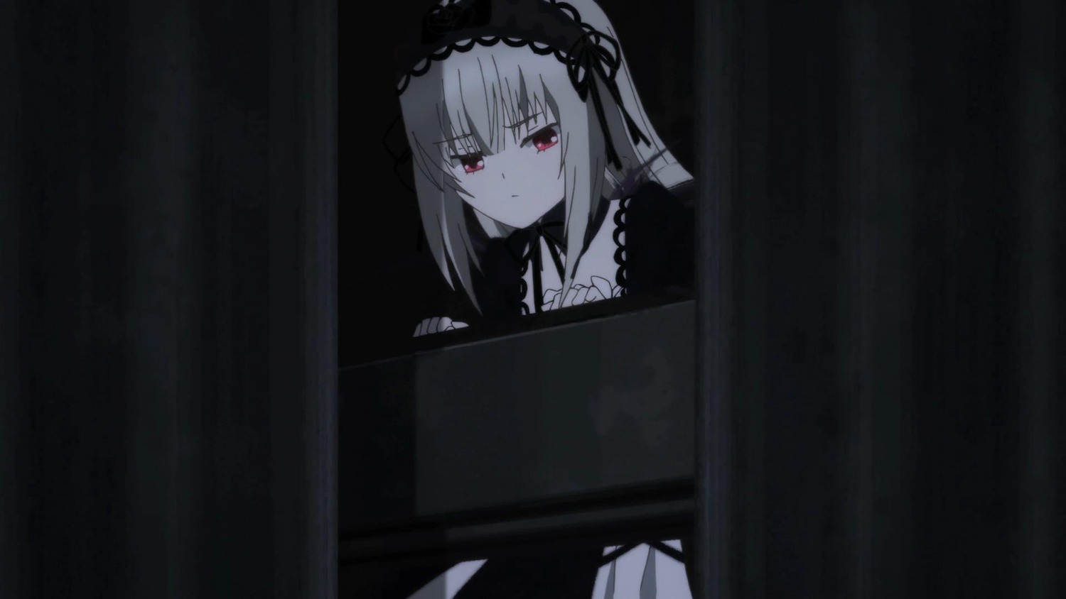 1girl bangs closed_mouth dress eyebrows_visible_through_hair hairband image looking_at_viewer peeking_out red_eyes ribbon solo suigintou