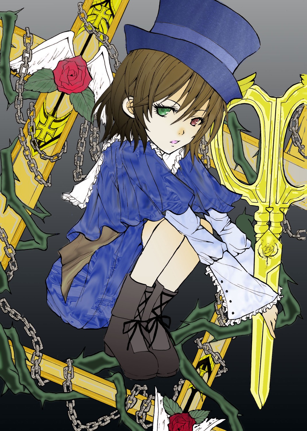 1girl anchor boots broken broken_chain brown_hair chain chained clock cuffs flail flower green_eyes handcuffs hat heterochromia image key pocket_watch red_eyes red_flower red_rose rose shackles short_hair sitting solo souseiseki swing thorns top_hat watch yellow_flower yellow_rose