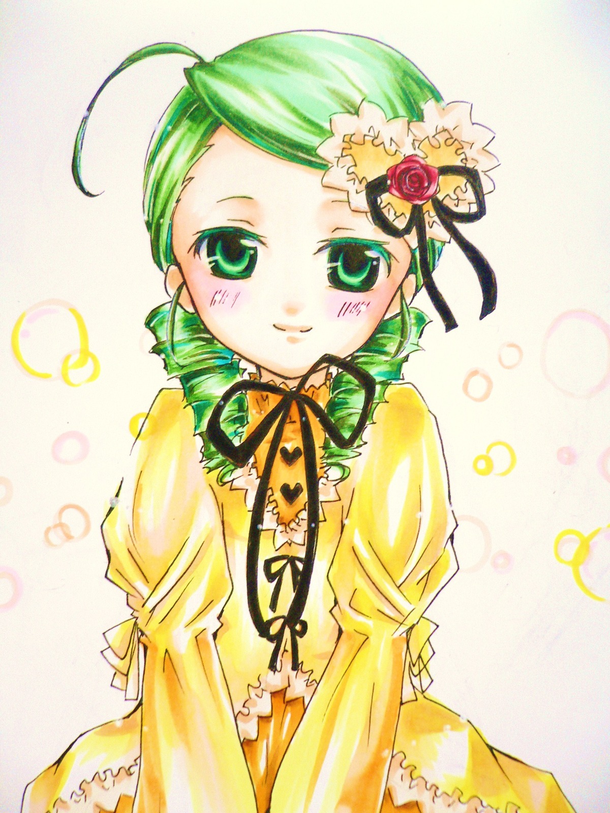 1girl ahoge auto_tagged blush dress drill_hair flower frills green_eyes green_hair hair_ornament image kanaria long_sleeves looking_at_viewer ribbon rose short_hair smile solo traditional_media twin_drills v_arms yellow_dress