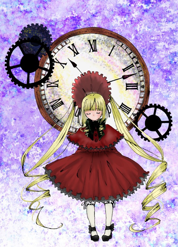 1girl blonde_hair bonnet bow closed_eyes dress drill_hair flower full_body image long_hair long_sleeves red_dress shinku solo twintails very_long_hair