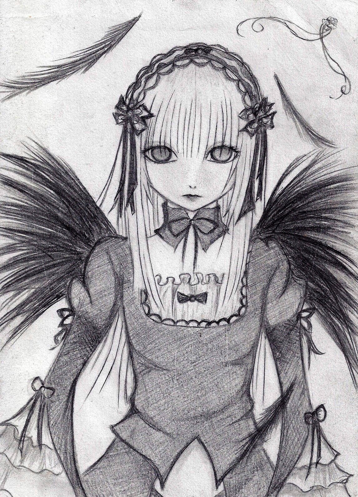1girl black_wings detached_collar dress feathered_wings frills greyscale hairband image long_hair long_sleeves looking_at_viewer monochrome solo suigintou traditional_media wings
