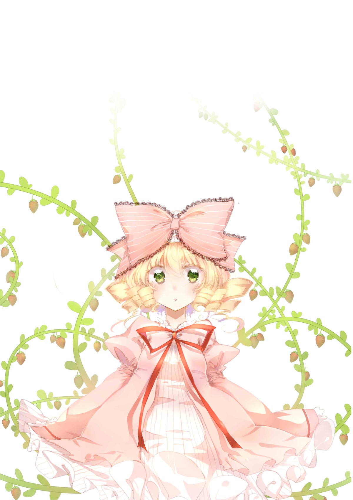 1girl 3000_xiao_chun absurdres blonde_hair blush bow commentary_request dress drill_hair green_eyes hair_bow highres hina_ichigo hinaichigo image long_sleeves looking_at_viewer pink_bow rozen_maiden short_hair solo striped striped_background vertical_stripes