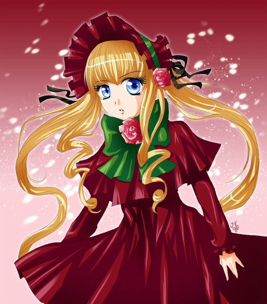 1girl blonde_hair blue_eyes bonnet bow bowtie capelet dress flower green_bow image long_hair long_sleeves looking_at_viewer pink_background pink_flower pink_rose red_capelet red_dress rose shinku sidelocks solo twintails