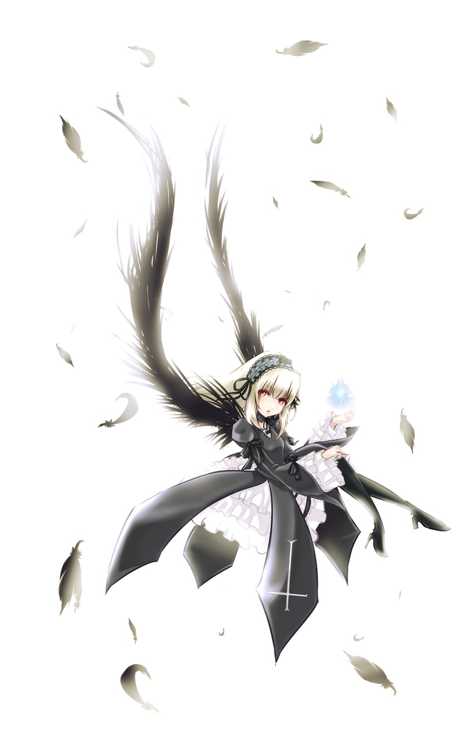 1girl black_feathers black_ribbon dress eyebrows_visible_through_hair feathers frills hairband holding image leaf long_sleeves looking_at_viewer petals red_eyes ribbon short_hair solo standing suigintou white_background wings