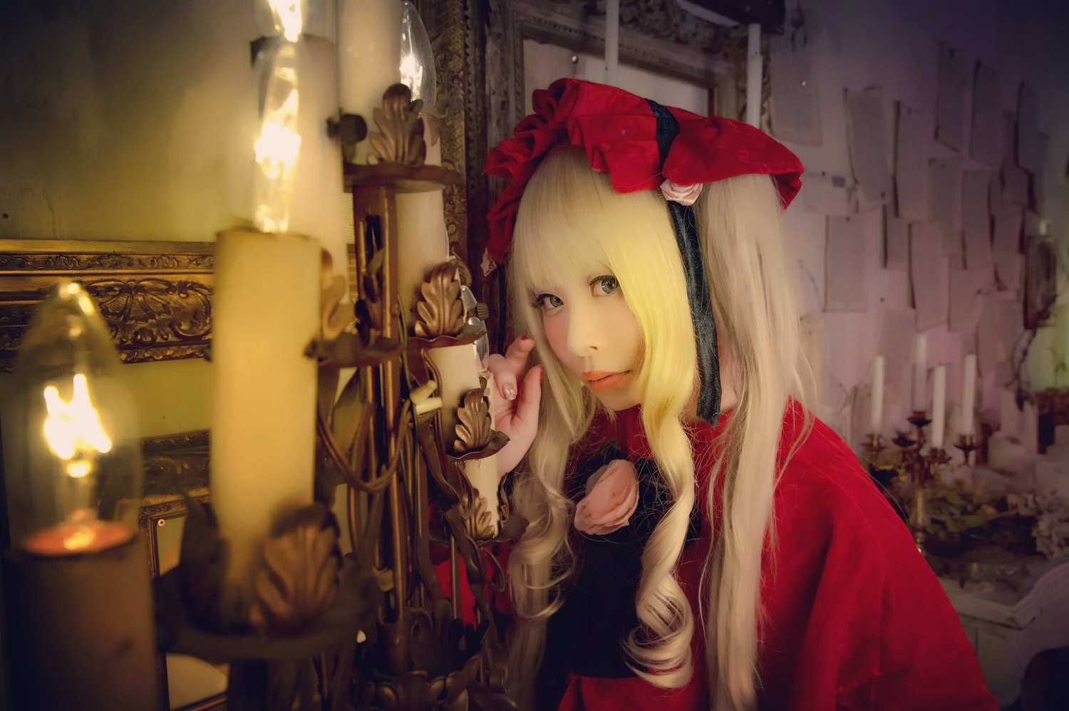 1girl bangs blonde_hair bonnet candle dress indoors lips long_hair red_dress shinku solo