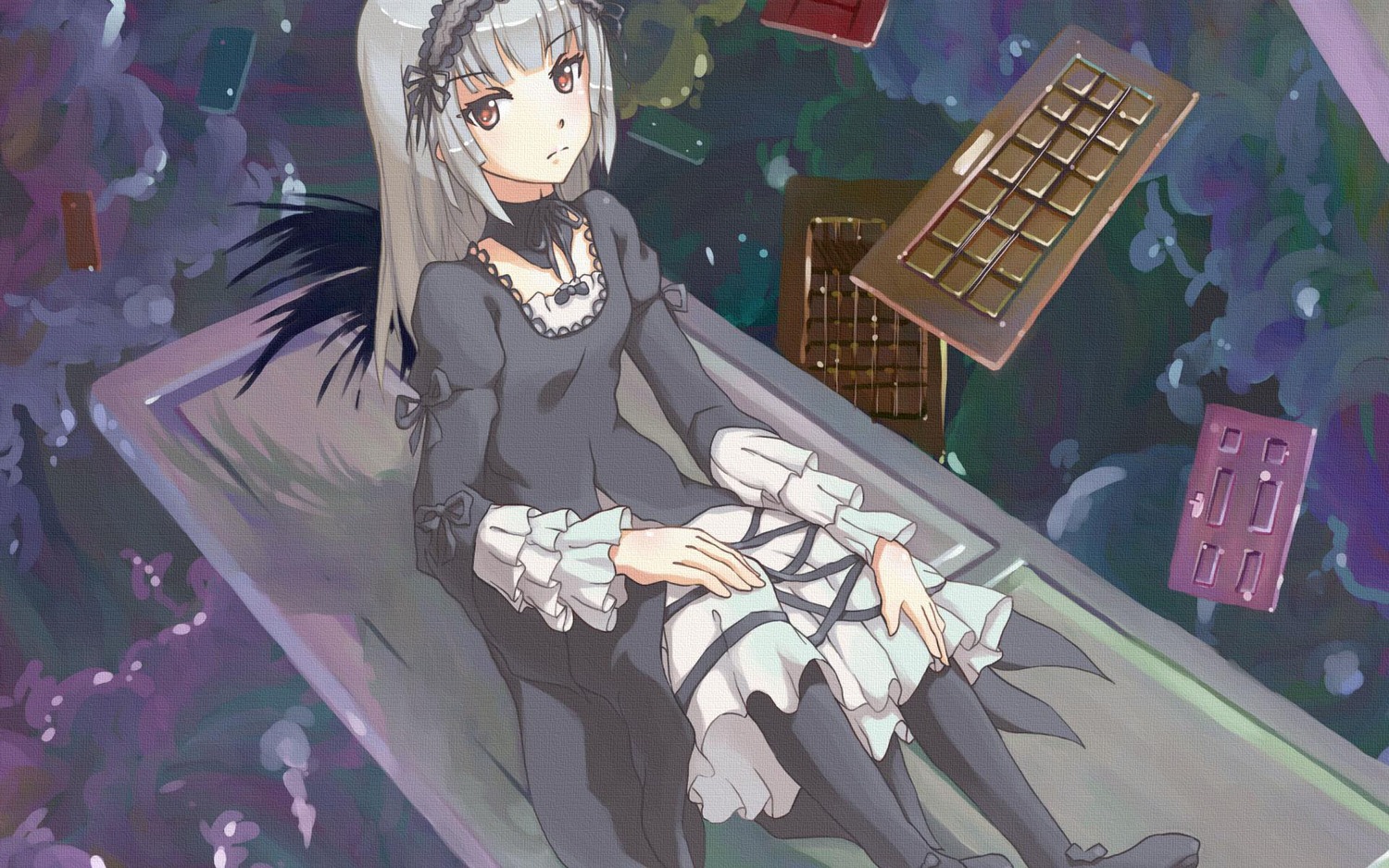 1girl black_dress black_ribbon black_wings boots dress flower frills hairband image long_hair long_sleeves looking_at_viewer red_eyes ribbon rose silver_hair sitting solo suigintou wings