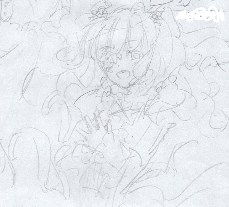 1girl blush dress image kirakishou long_hair monochrome open_mouth sketch smile solo