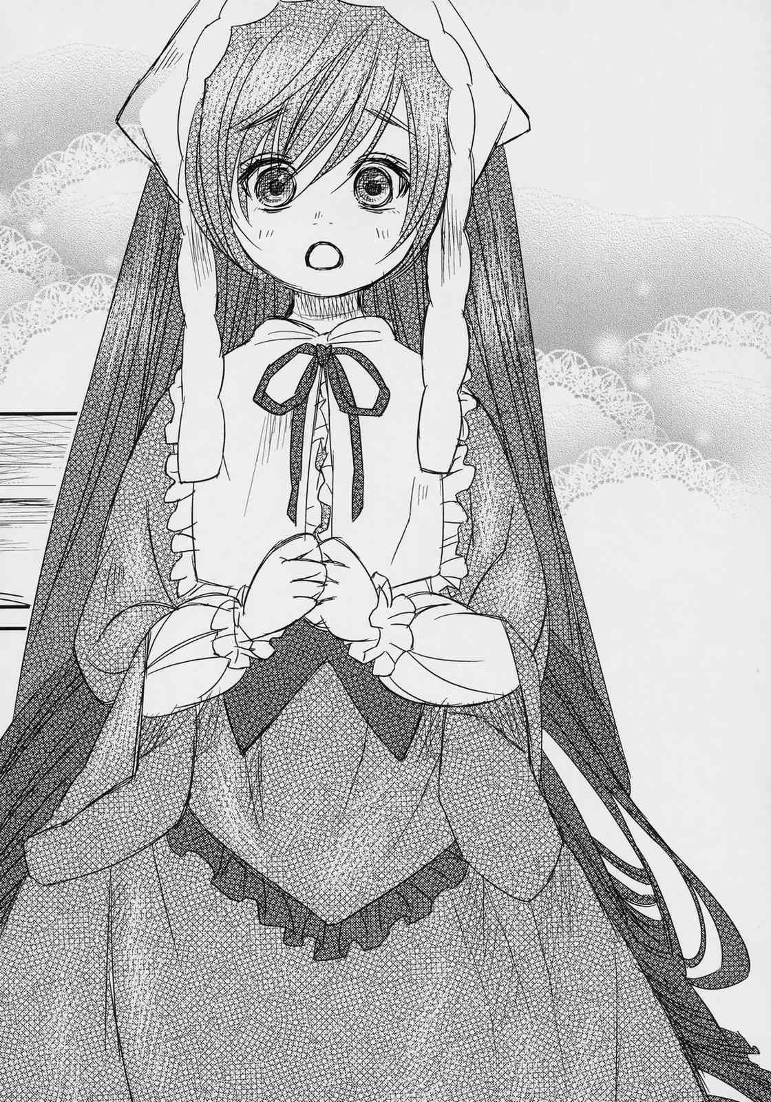 1girl blush dress greyscale halftone halftone_background image long_hair looking_at_viewer monochrome neck_ribbon open_mouth polka_dot ribbon solo suiseiseki very_long_hair