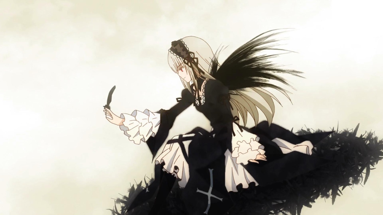 1girl black_wings dress feathers flower frills hairband image juliet_sleeves long_hair long_sleeves profile puffy_sleeves red_eyes ribbon rose silver_hair sitting solo suigintou very_long_hair wings