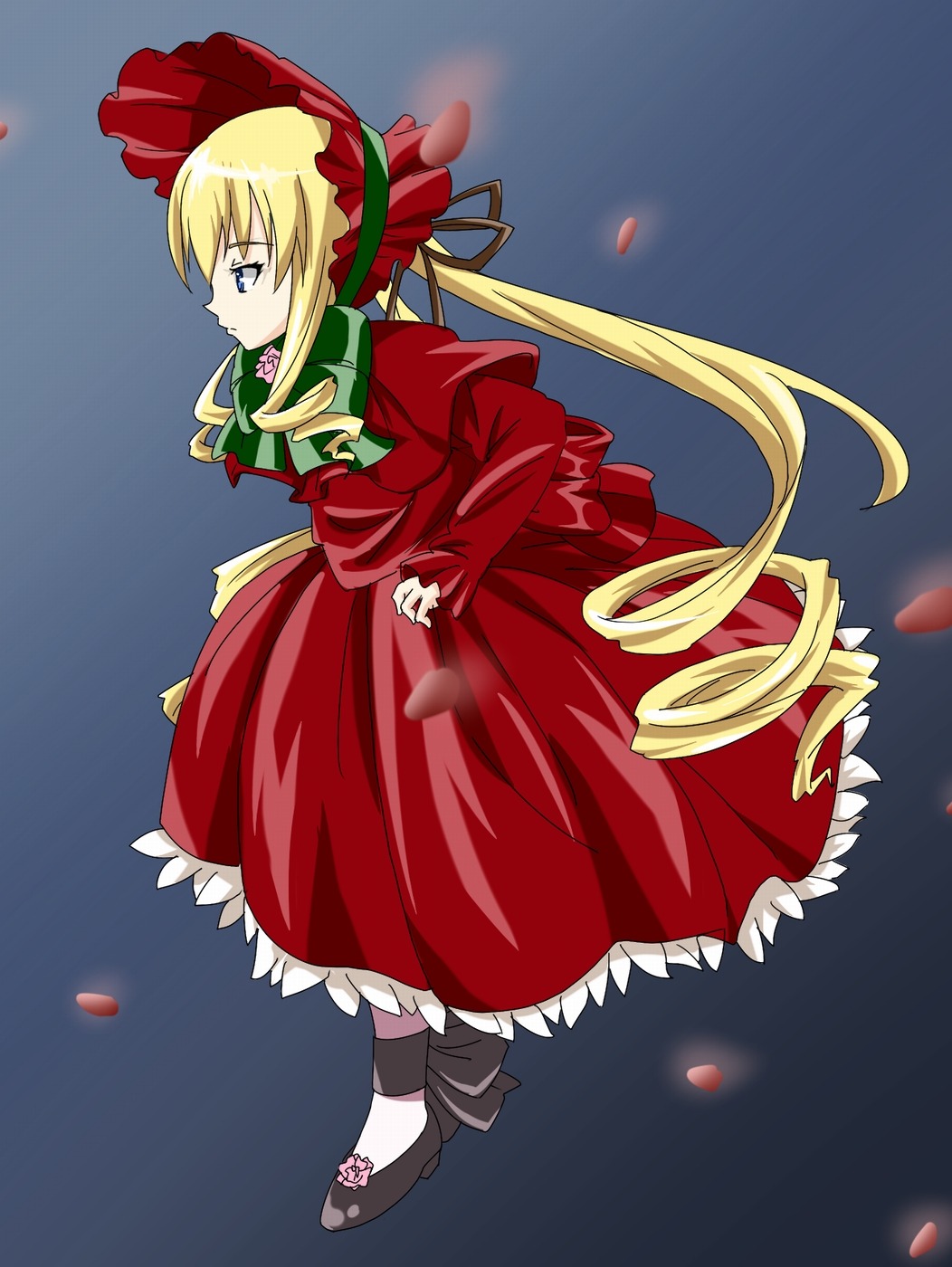 1girl blonde_hair blue_eyes bonnet bow dress drill_hair flower full_body image long_hair long_sleeves petals red_dress rose rose_petals shinku shoes solo standing twintails very_long_hair