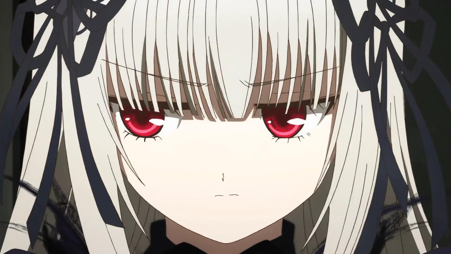 1girl bangs black_ribbon blush closed_mouth dress eyebrows_visible_through_hair hair_ribbon image long_hair looking_at_viewer red_eyes ribbon simple_background solo suigintou