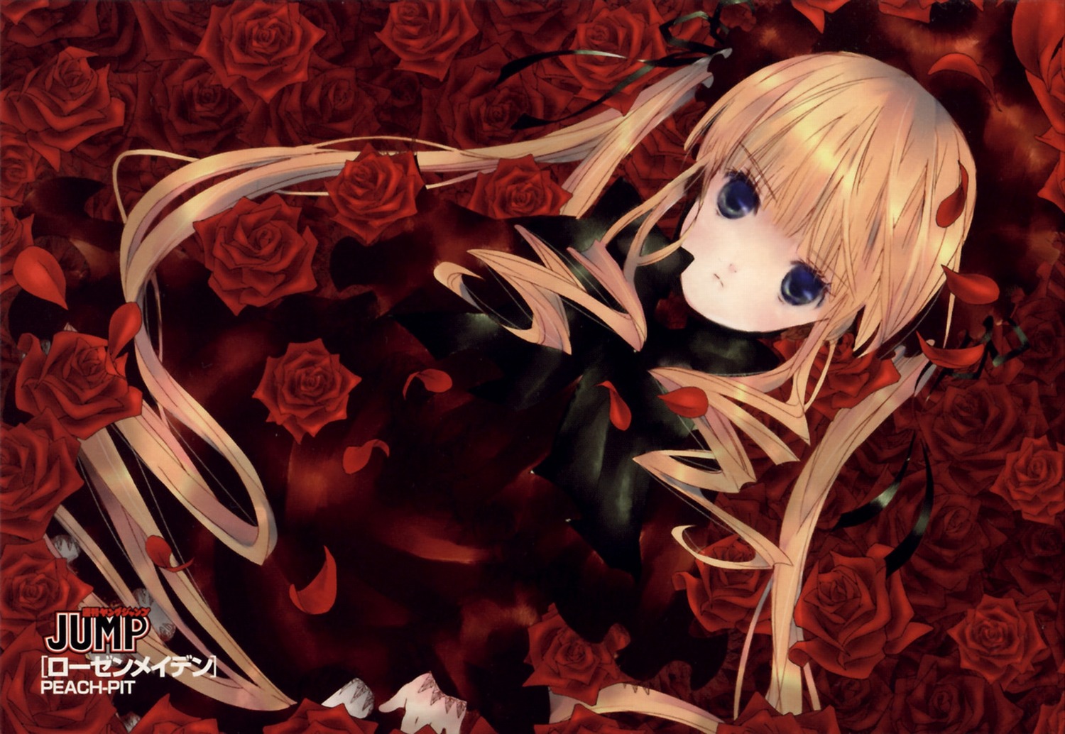 1girl blonde_hair blue_eyes drill_hair flower image long_hair petals pink_rose red_flower red_rose rose rose_petals shinku solo thorns twintails