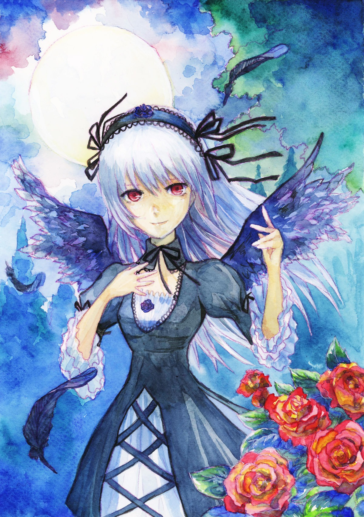 1girl black_ribbon black_wings dress feathers flower frills full_moon hairband image long_hair long_sleeves looking_at_viewer moon red_eyes red_flower red_rose ribbon rose silver_hair solo suigintou traditional_media wings