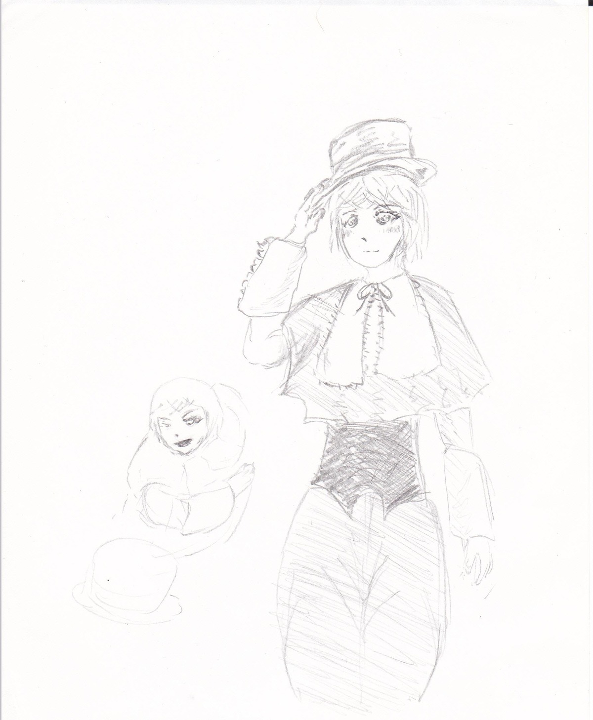 hat image long_sleeves monochrome short_hair sketch solo souseiseki striped top_hat