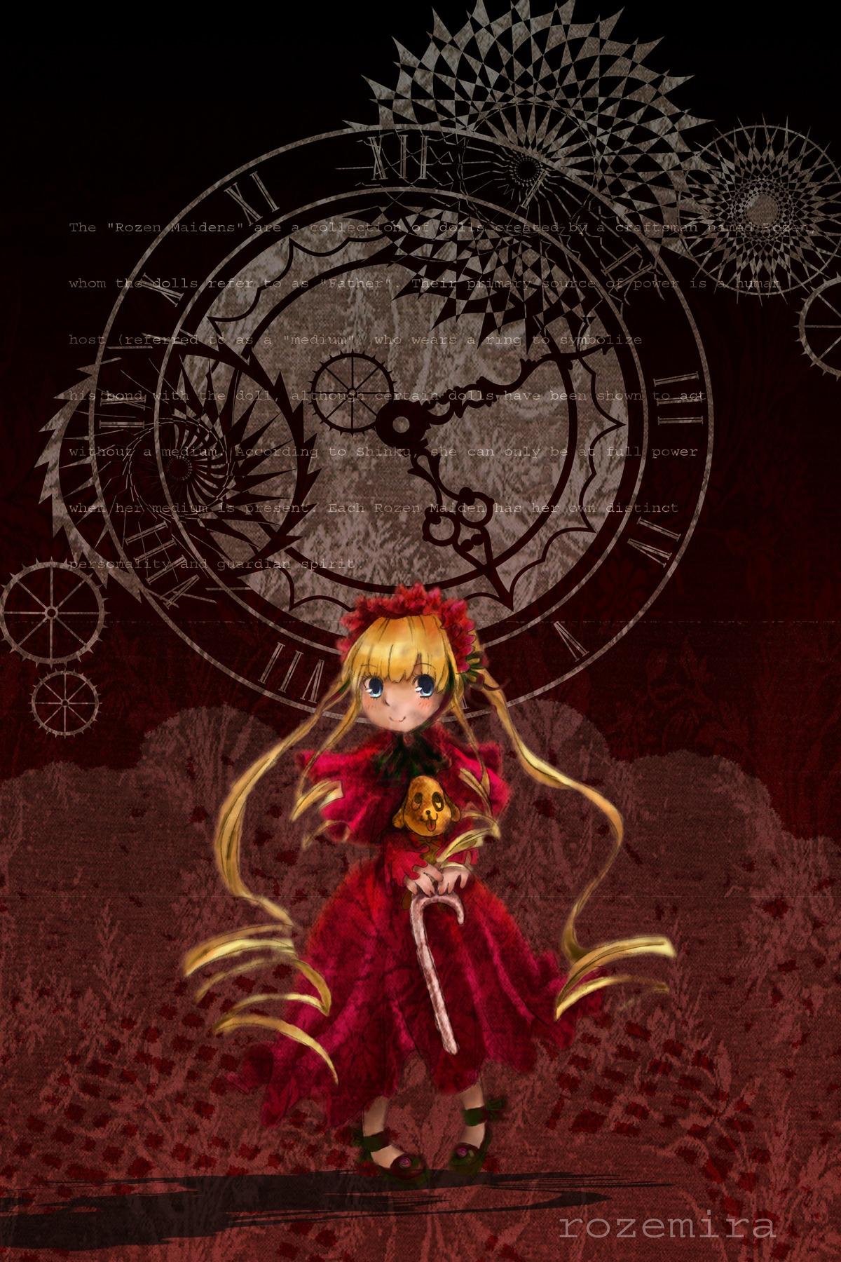 1girl blonde_hair blue_eyes bow clock dress flower image long_hair long_sleeves looking_at_viewer red_dress rose shinku solo twintails very_long_hair