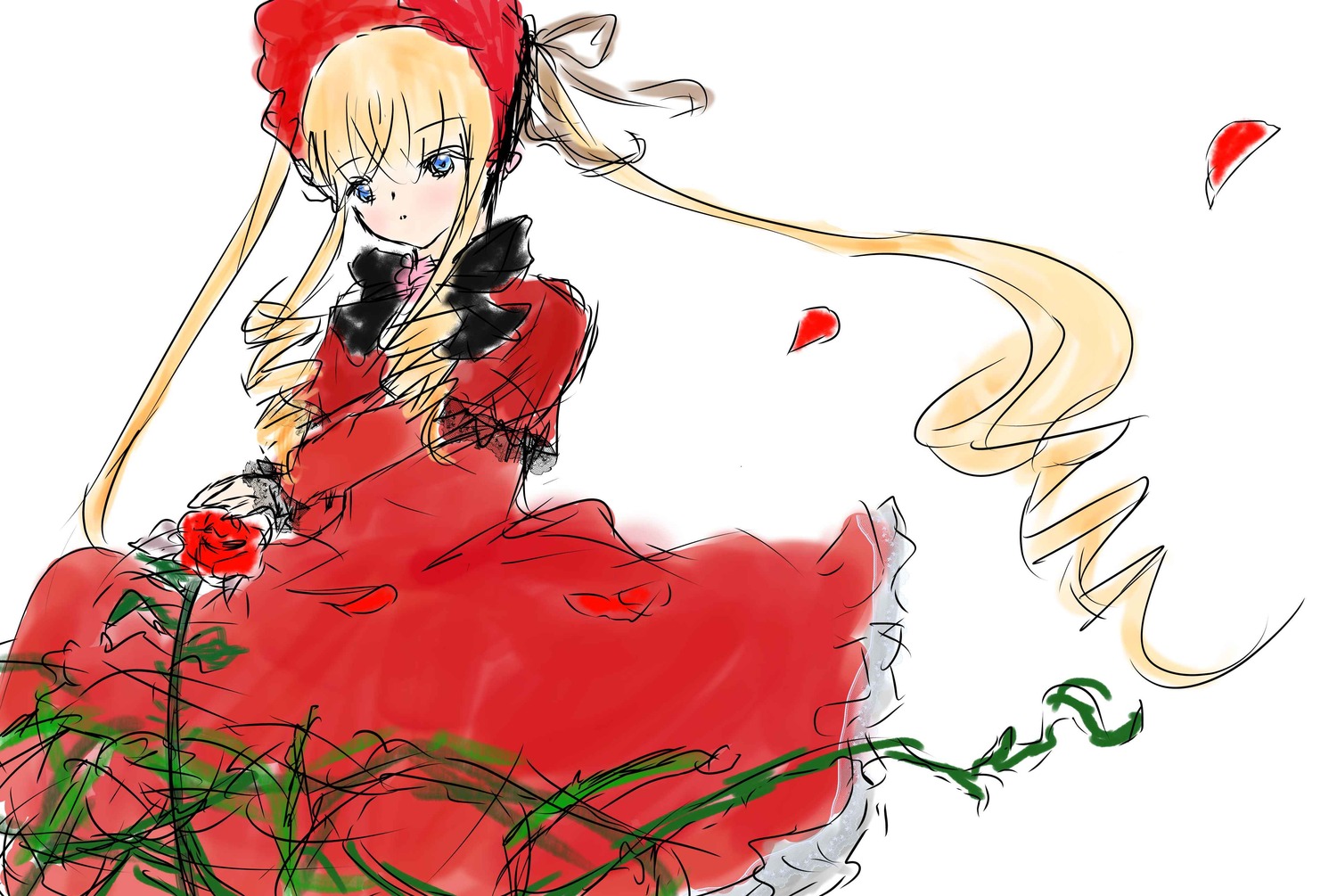 1girl blonde_hair blue_eyes bonnet bow dress flower image long_hair long_sleeves looking_at_viewer petals red_dress red_flower red_rose rose rose_petals shinku simple_background solo twintails white_background