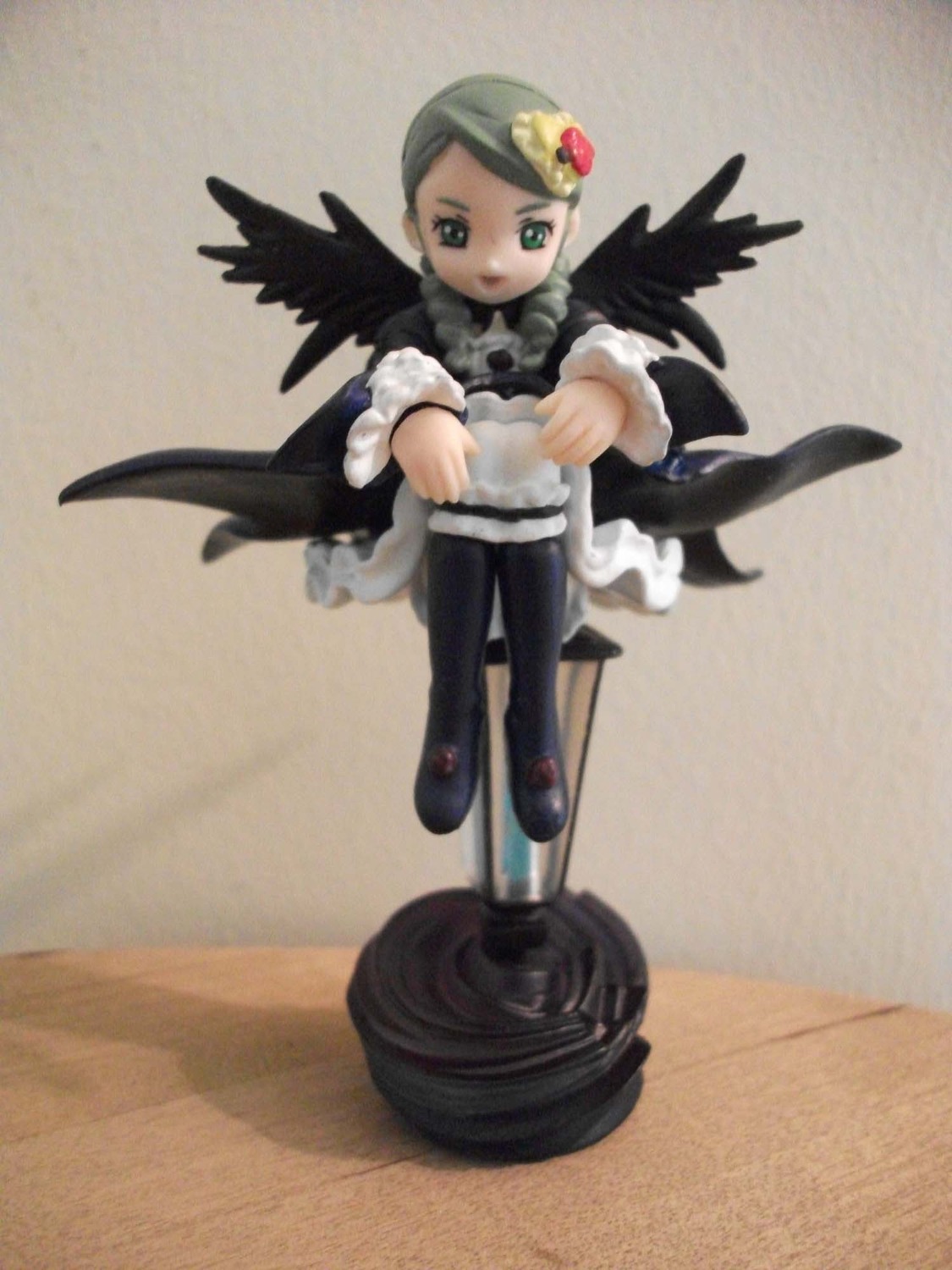 1girl black_wings boots doll dress full_body kanaria long_sleeves sitting solo standing wings