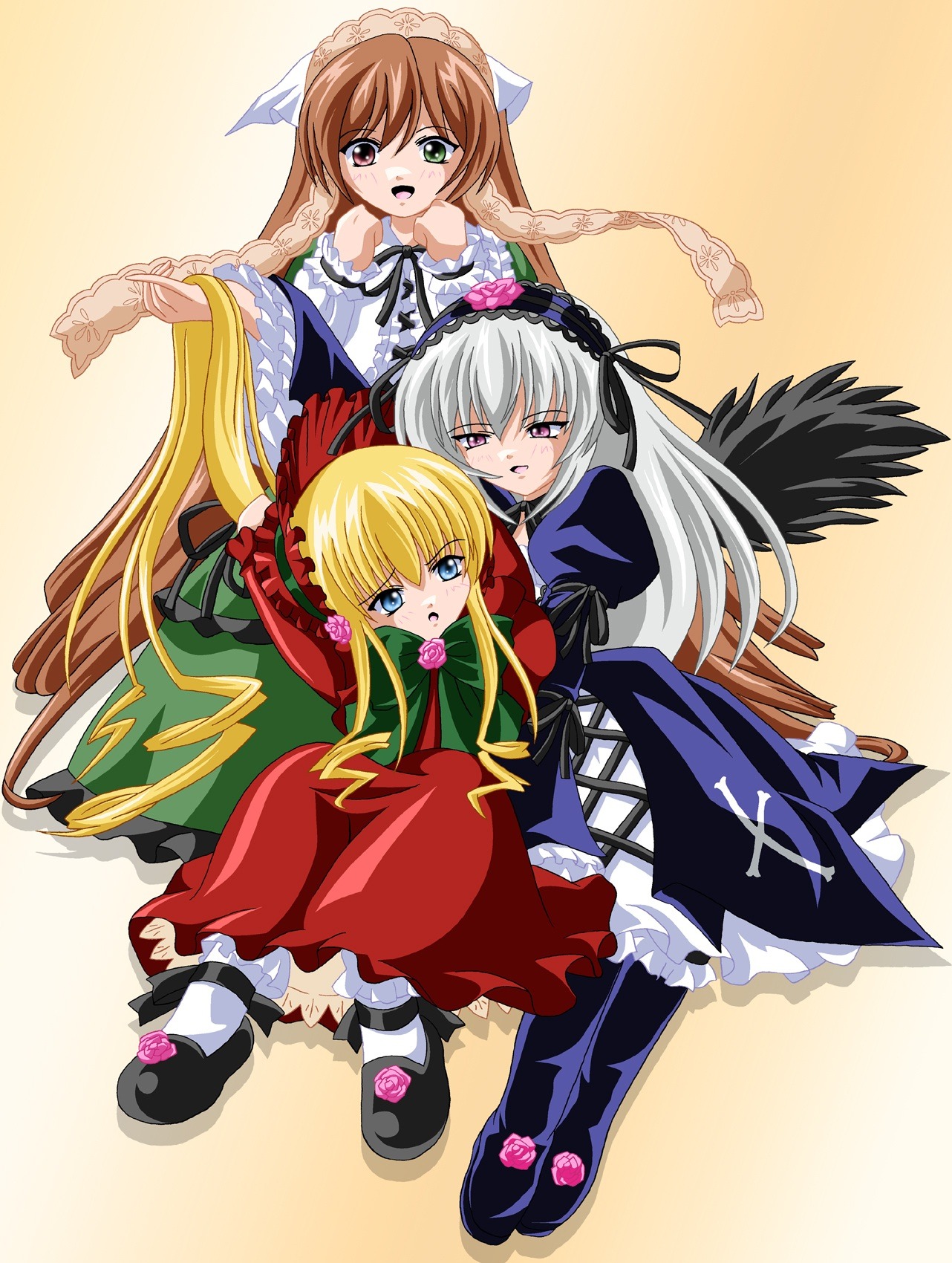 3girls :d :o arms_up black_legwear black_ribbon black_wings blonde_hair blue_eyes blush bonnet bow brown_hair clenched_hands cross-laced_clothes dress frilled_shirt_collar frilled_sleeves frills green_dress green_eyes hairband hand_in_another's_hair height_difference heterochromia image imai_kazunari juliet_sleeves long_hair long_sleeves mary_janes multiple multiple_girls open_mouth pantyhose puffy_sleeves red_dress red_eyes ribbon rozen_maiden shinku shoes sidelocks silver_hair simple_background sitting smile suigintou suiseiseki tagme twintails very_long_hair white_legwear wide_sleeves wings yellow_background yuri