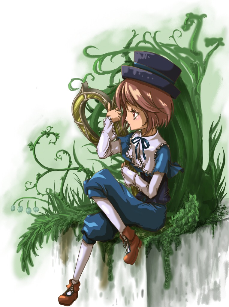 1girl blue_dress brown_eyes brown_footwear brown_hair dress hat image long_sleeves plant ribbon short_hair solo souseiseki