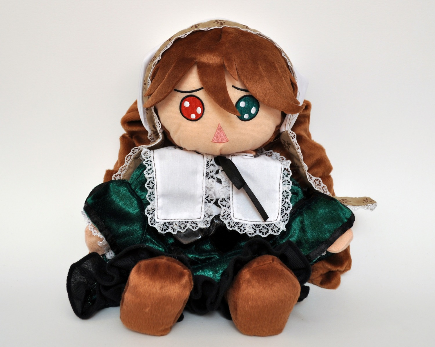 1girl boots braid brown_hair doll frills full_body long_hair looking_at_viewer red_eyes solo suiseiseki
