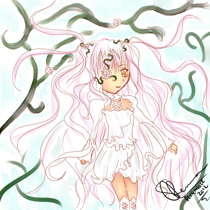 1girl dress eyepatch flower hair_flower hair_ornament image kirakishou long_hair long_sleeves pink_hair plant solo very_long_hair vines white_dress white_hair yellow_eyes