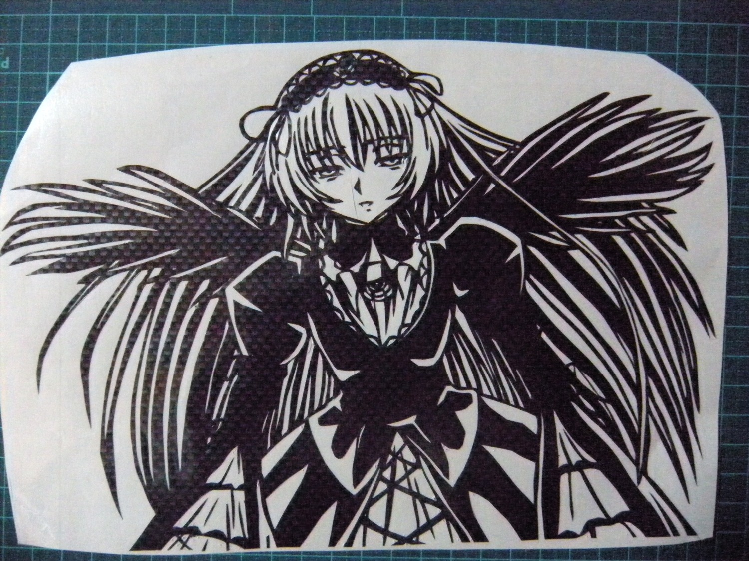 1girl black_wings cowboy_shot dress frilled_sleeves frills hairband image long_hair long_sleeves looking_at_viewer monochrome simple_background solo suigintou traditional_media very_long_hair wings