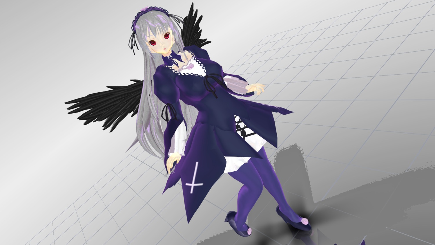 1girl black_wings dress flower frills full_body hairband high_heels image juliet_sleeves long_hair long_sleeves looking_at_viewer pantyhose red_eyes ribbon silver_hair solo suigintou wings