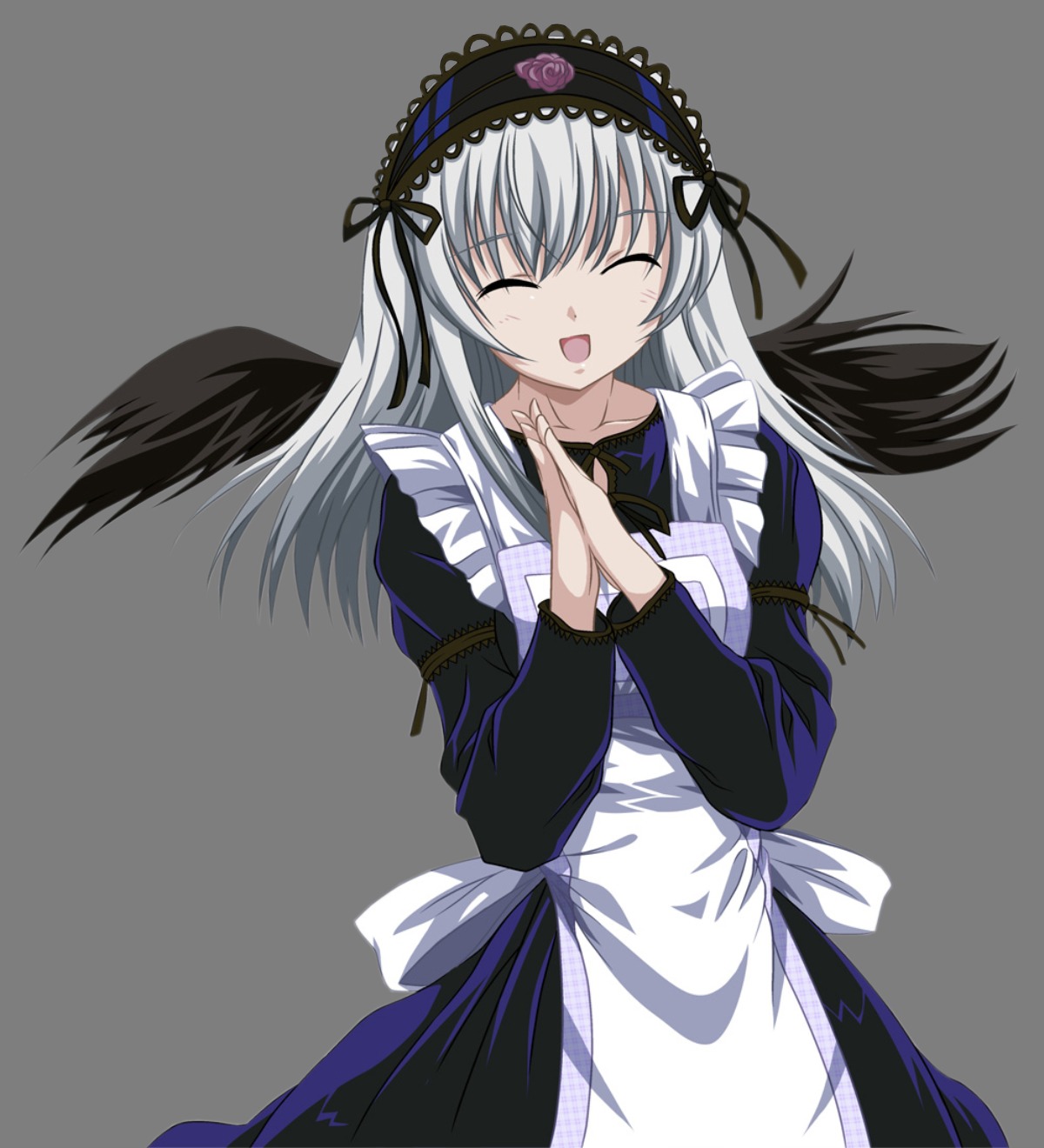1girl :d apron black_dress black_wings closed_eyes dress frills hairband hands_clasped image long_hair long_sleeves open_mouth own_hands_together ribbon silver_hair simple_background smile solo suigintou white_background wings