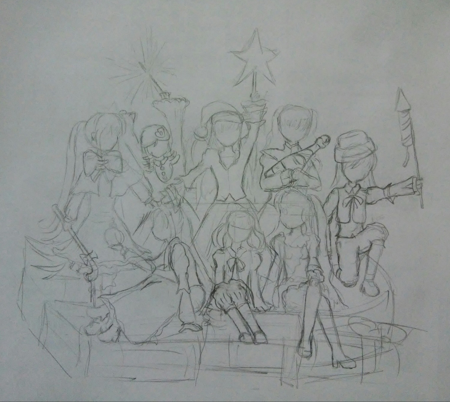 bow dress faceless hat image long_hair monochrome multiple multiple_girls short_hair sketch star_(symbol) sword tagme traditional_media twintails weapon