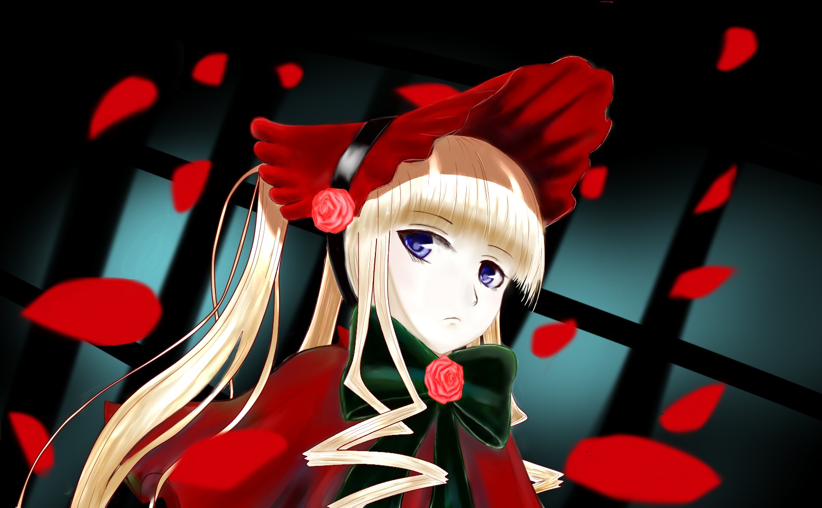 1girl blonde_hair blue_eyes bonnet bow bowtie capelet dress flower green_bow image long_hair looking_at_viewer petals red_capelet red_dress red_flower red_rose rose rose_petals shinku solo twintails