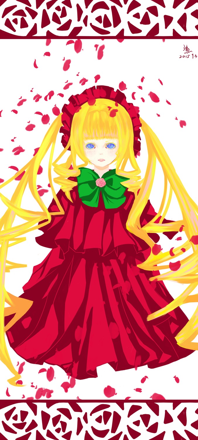 1girl blonde_hair blue_eyes bow bowtie dress flower green_bow long_hair long_sleeves looking_at_viewer petals red_dress rose rose_petals shinku solo twintails very_long_hair