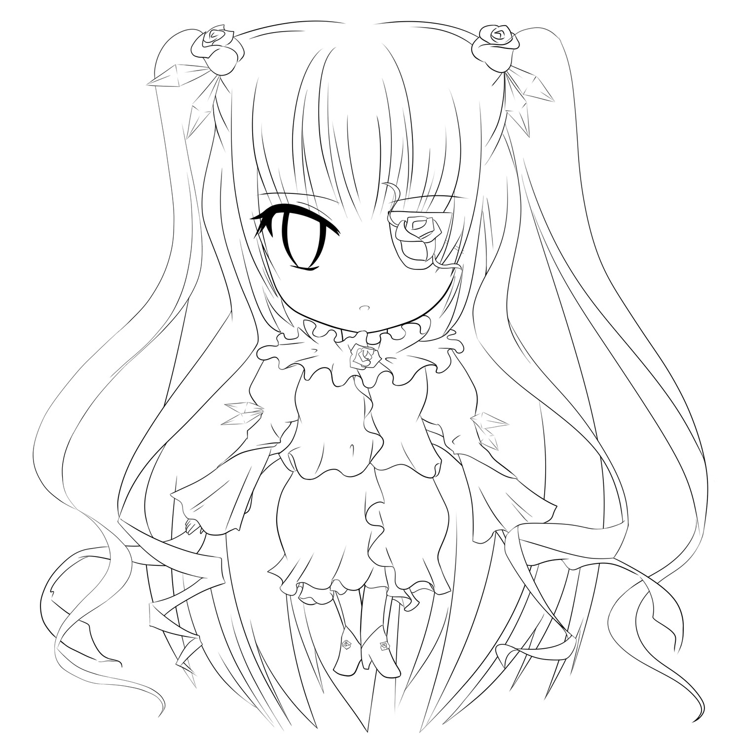 1girl :< bangs barasuishou blush closed_mouth dress eyebrows_visible_through_hair eyepatch full_body greyscale hair_ornament image lineart long_hair monochrome ribbon simple_background solo standing two_side_up very_long_hair white_background