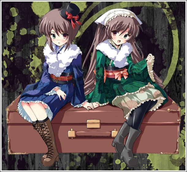 2girls blush boots brown_hair cross-laced_footwear frills green_eyes hat heterochromia image japanese_clothes kimono knee_boots lace-up_boots lolita_fashion long_hair multiple_girls open_mouth pair pantyhose red_eyes short_hair siblings sisters sitting souseiseki suiseiseki top_hat twins