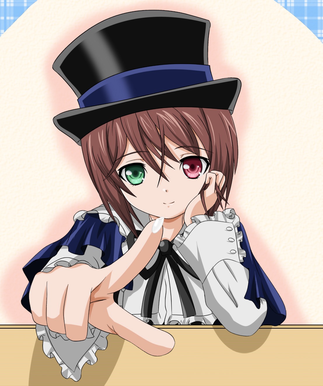 1girl brown_hair frills green_eyes hat heterochromia image long_sleeves looking_at_viewer pointing red_eyes ribbon short_hair smile solo souseiseki suiseiseki table top_hat upper_body