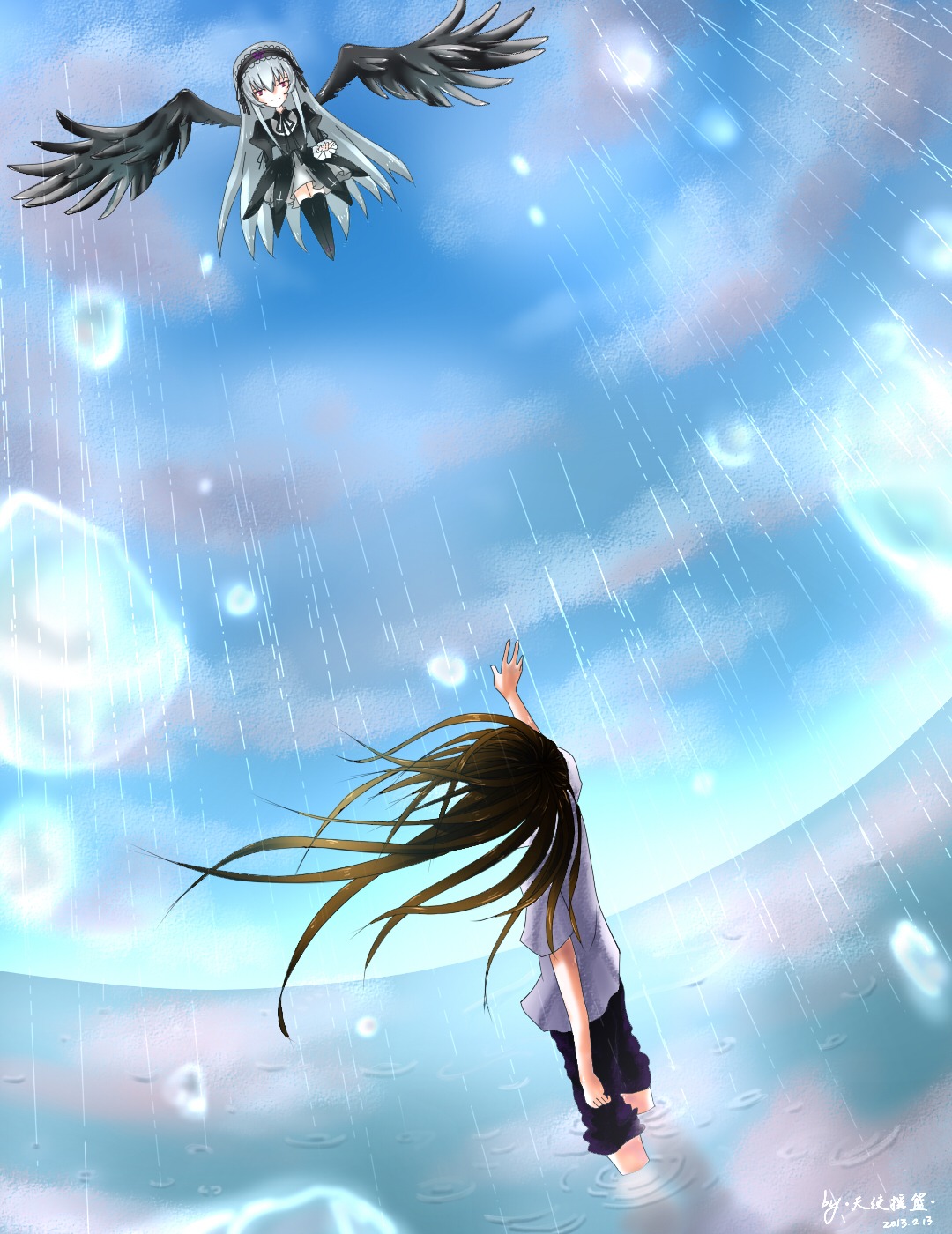 2girls black_hair black_wings dress image kakizaki_megu light_rays long_hair multiple_girls rain solo suigintou sunbeam water wings