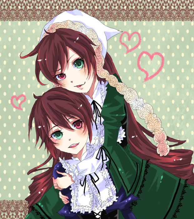 2girls brown_hair dress green_dress green_eyes halftone halftone_background head_scarf heterochromia image long_hair long_sleeves multiple_girls open_mouth pair polka_dot polka_dot_background red_eyes short_hair siblings sisters smile souseiseki suiseiseki tongue tongue_out twins