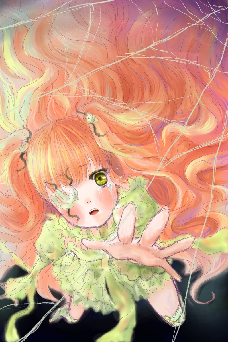 1girl dress flower green_eyes hair_ornament image kirakishou long_hair orange_hair outstretched_hand solo tears