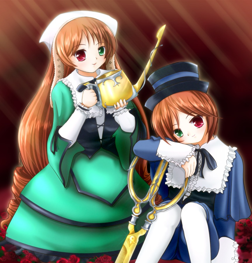 2girls brown_hair dress flower frills green_dress green_eyes hat head_scarf heterochromia image long_hair long_sleeves looking_at_viewer multiple_girls pair pantyhose red_eyes rose short_hair siblings sisters smile souseiseki suiseiseki top_hat twins very_long_hair watering_can