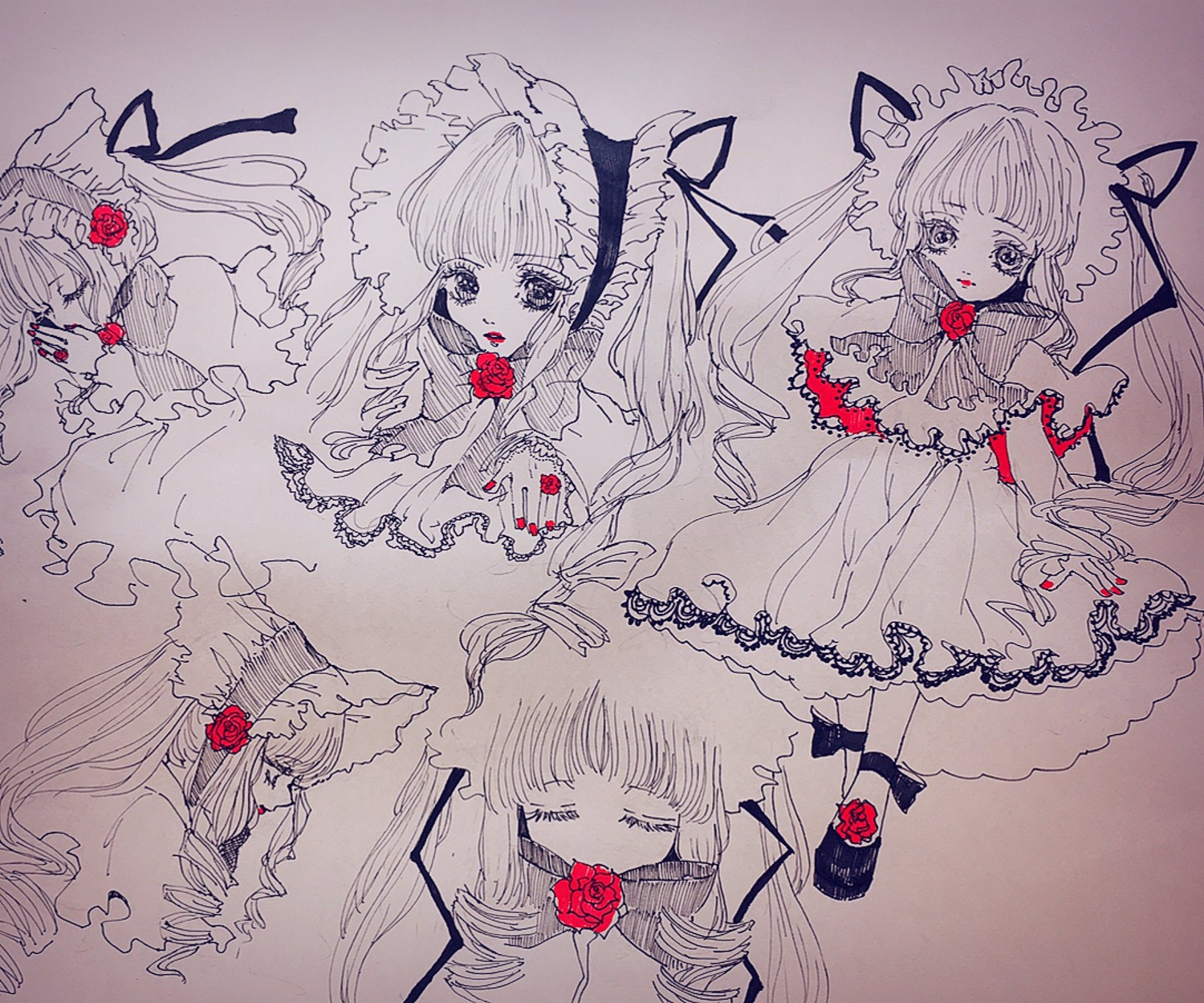 1girl closed_eyes dress flower image long_hair red_flower red_rose rose shinku solo very_long_hair