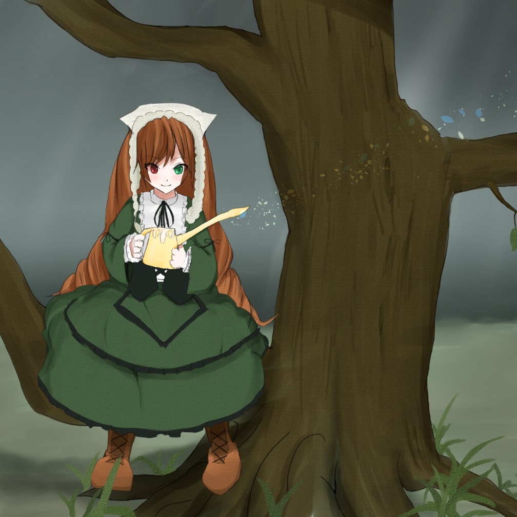 1girl boots brown_hair cross-laced_footwear dress green_dress green_eyes heterochromia holding image long_hair long_sleeves looking_at_viewer red_eyes sitting smile solo suiseiseki tree very_long_hair watering_can