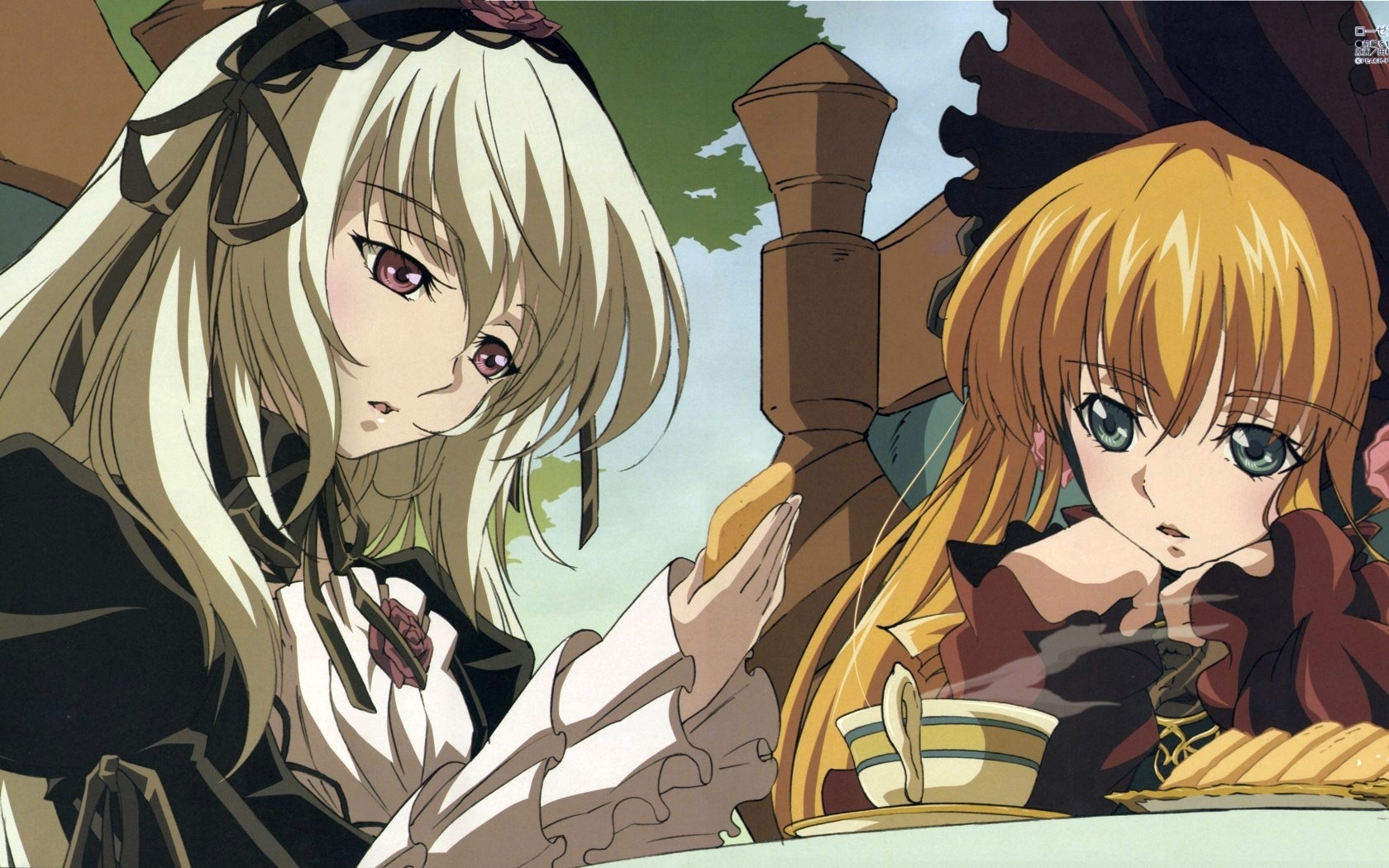 2girls blonde_hair frills hairband image long_hair long_sleeves multiple_girls pair parted_lips shinku silver_hair suigintou