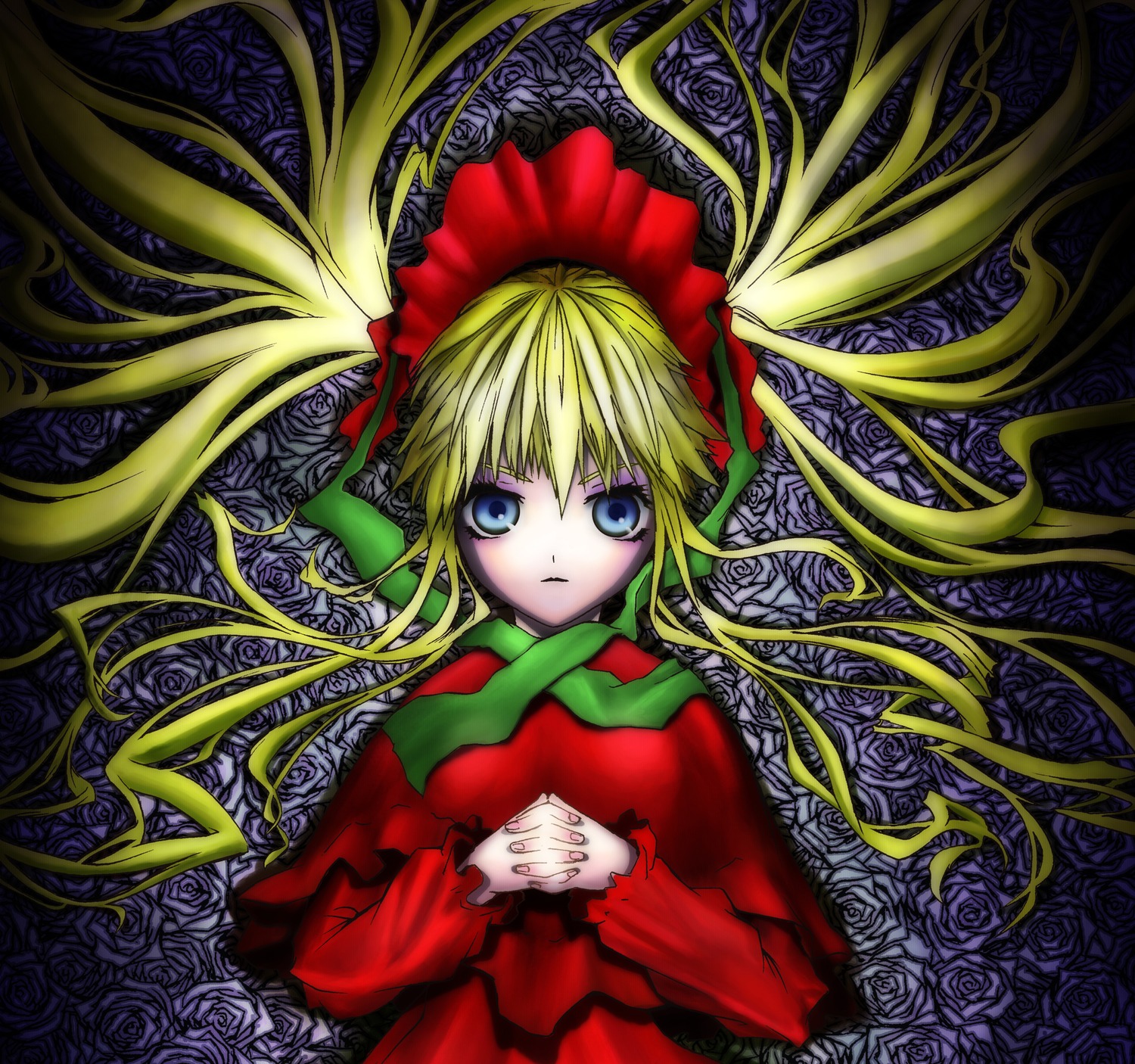 1girl blonde_hair blue_eyes blue_rose dress flower hands_clasped hands_together image interlocked_fingers long_hair long_sleeves looking_at_viewer lying on_back own_hands_together red_flower red_rose rose shinku solo yellow_flower