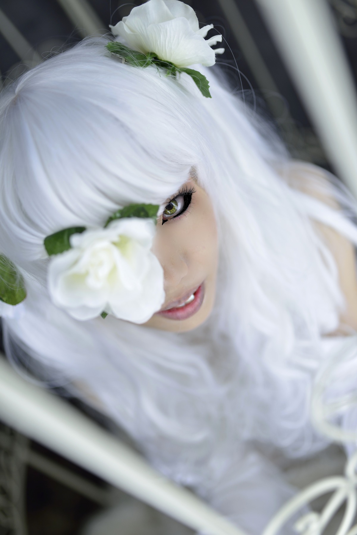 1girl bangs blunt_bangs blurry blurry_background blurry_foreground depth_of_field eyepatch flower hair_ornament kirakishou lips long_hair looking_at_viewer photo solo white_flower white_hair white_rose