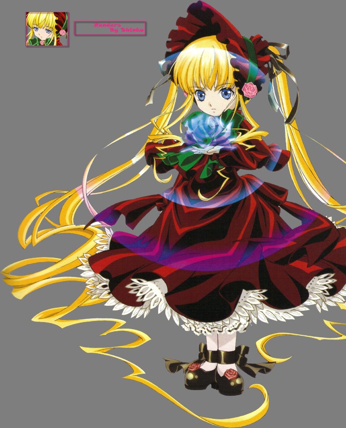 1girl blonde_hair blue_eyes bonnet bow bowtie dress full_body green_bow image long_hair long_sleeves looking_at_viewer red_dress shinku shoes simple_background solo standing twintails very_long_hair white_background