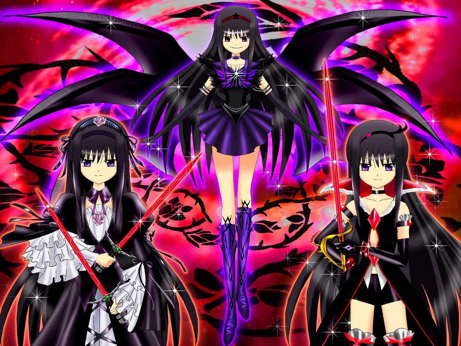 1girl akemi_homura bare_shoulders black_gloves black_hair black_skirt bow choker dress elbow_gloves gloves hairband holding image long_hair looking_at_viewer magical_girl multiple_persona multiple_views pleated_skirt purple_eyes ribbon school_uniform skirt smile solo suigintou thighhighs weapon wings zettai_ryouiki